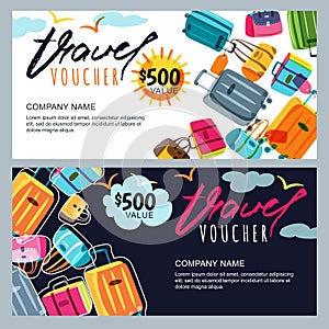 Vector gift travel voucher template. Multicolor luggage, suitcase, bags background.