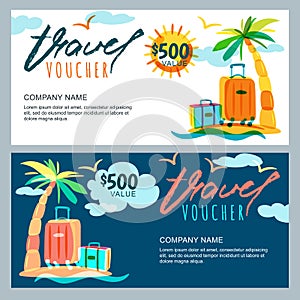 Vector gift travel voucher template. Tropical island landscape with palm tree and luggage suitcase.