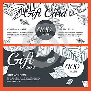 Vector gift voucher, card template with hand drawn autumn leaves