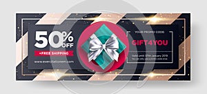 Vector Gift Voucher. Restaurant Discount Coupon Design with Promo Code. Certificate Template for Online Shopping. Marketing Flyer