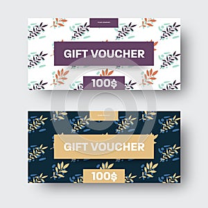 Vector gift voucher template with exotic small leaves, abstract elements, yellow, purple text inserts on white, black background