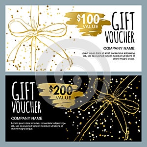 Vector gift voucher template with golden hand drawn bow ribbons.