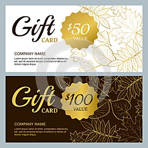 Vector gift voucher template with golden outline fall leaves. Gold, black and white autumn holidays cards.