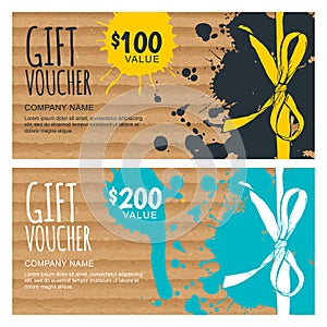 Vector gift voucher template. Hand drawn bow ribbon