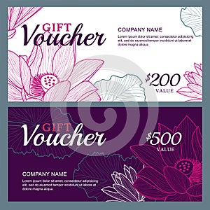 Vector gift voucher template with lotus, lily flowers.