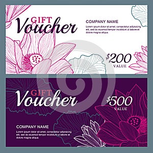 Vector gift voucher template with lotus, lily flowers. photo