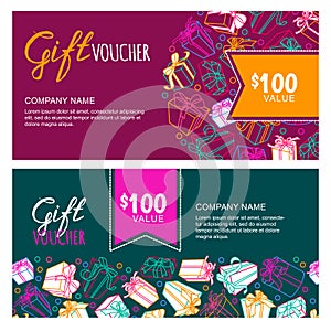 Vector gift voucher template with outline multicolor gift box, ribbons and calligraphy.