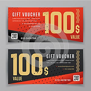 Vector gift voucher template. Universal flyer for business. Red black gold abstract shapes for department stories, cosmetics, clot