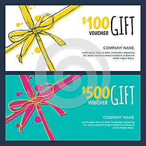 Vector gift vouchers with bow ribbons, white and blue backgrounds.