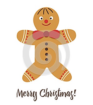 Vector gingerbread man with red bow isolated on white background. Cute funny illustration of new year symbol.