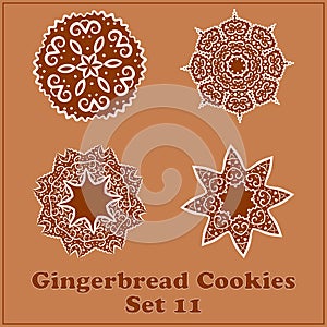 Vector Gingerbread Snowflakes Cookies Set. Merry Christmas Decor Elements.