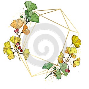 Vector. Ginkgo leaf. Frame golden crystal. Geometric quartz polygon crystal stone polyhedron mosaic shape amethyst gem.