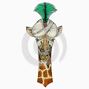 Vector giraffe portrait. African safari animal head. Animal and wizard hat. Sorcerer and magican