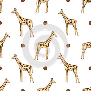 Vector giraffe seamless pattern illustration isolated on white background. Cute hand-drawn smiling giraffes.