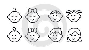 Vector girl and boy icons. Editable stroke. Set of line icons of children. Babies kindergarteners teenagers schoolchildren. Kids