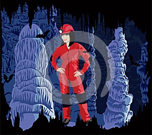 Vector girl caver in cave photo