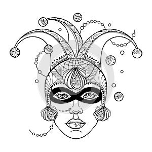 Vector girl face in outline clown or harlequin cap, mask, peacock feathers and beads in black isolated on white background.