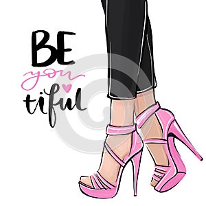 Vector girl in high heels. Fashion illustration. Female legs in shoes.