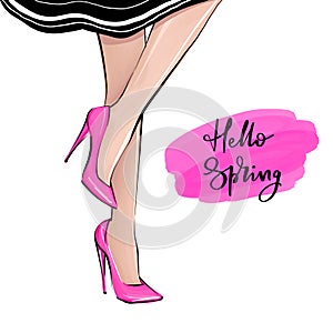 Vector girl in high heels. Fashion illustration. Female legs in shoes.