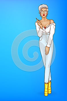 Vector girl in high-waisted jeans holds lipstick.