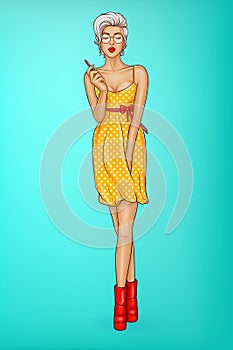 Vector girl with lips holds red lipstick.