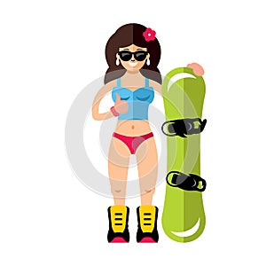 Vector Girl with snowboard. Snowboarding. Flat style colorful Cartoon illustration.