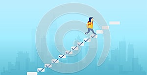 Vector of a girl student climbing up the ladder, steps with check marks to achieve the goal