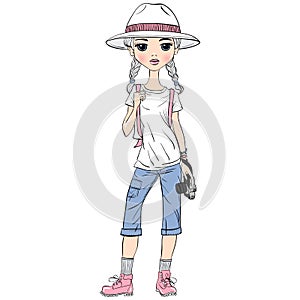 Vector girl traveler with photo camera