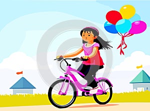 Vector girl woman child rides bike bicycle holding colorful balloons in hand through natural landscape by green grass of