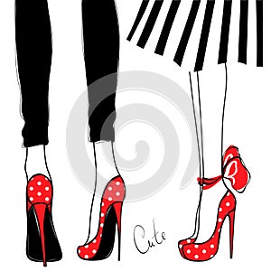 Vector girls in high heels. Fashion illustration. Female legs in shoes. Cute design. Trendy picture in vogue style.