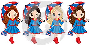 Vector Girls Holding Umbrellas and Handbags with British Flag Print