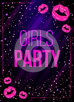 Vector girls night party poster illustration with shining pink lips.