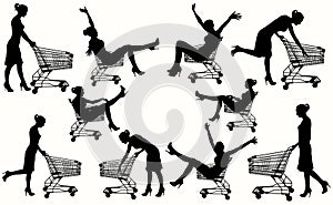 Vector girls with shopping cart silhouettes