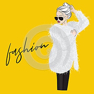 Vector glamour woman in fur coat with sunglasses. Street style fashion illustration. Luxury clothes stylish magazine design. Fluf photo