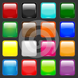 Vector glass button icons in sixteen colors on black background