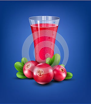 Vector glass cup with juice of cranberries on a blue background