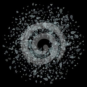 Vector glass explosion concept isolated on black background. Many blue sharp pieces randomly flying in the air
