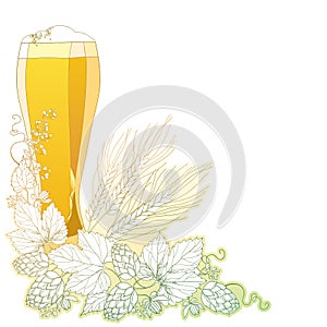 Vector glass of froth beer with ornate wreath of Hops and barley ears on white. Contour hops, barley for Oktoberfest.