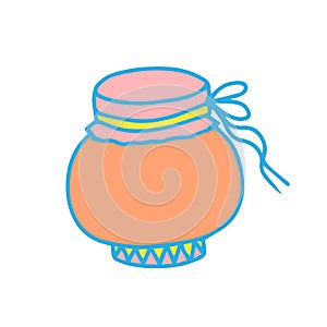 vector glass jar with jam tied with tape isolated. Kitchen utensils colored pink blue orange