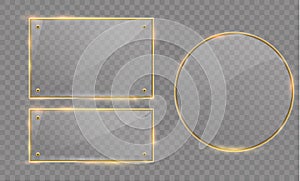 Vector glass modern banner set with shiny golden metallic frame on transparent background.