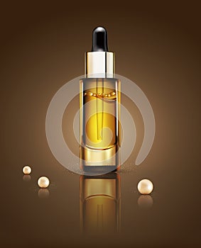 Vector glass vial with professional facial serum with pearls. Te