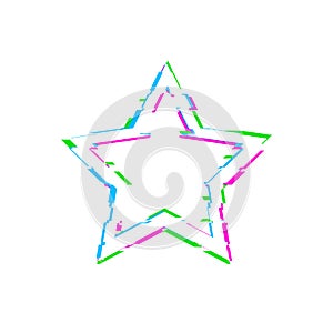 Vector Glitch White Star Isolated on White Background, Blue, Pink and Green Glitches.