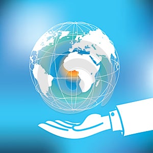 Vector : Global with map floating over business man hand on abst