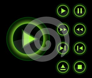 Vector glossy 3d player green buttons set.