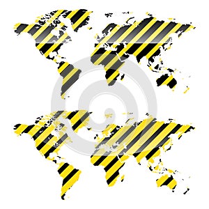 Vector glossy World map of yellow and black stripes danger warning