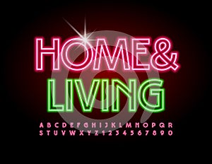 Vector glowing banner Home and Living. Neon Alphabet set