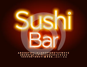 Vector glowing Banner Sushi Bar. Bright Electric Font. Modern Neon Alphabet Letters and Numbers set