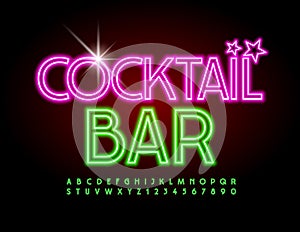 Vector glowing logo Cocktail Bar. Green Neon Alphabet