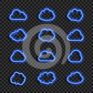 Vector Glowing Neon Blue Clouds Set Isolated on Dark Transparent Background, Icons Collection, Data Cloud, Weather Sign.