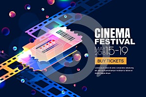 Vector glowing neon cinema festival banner. Cinema tickets in 3d isometric style on abstract night cosmic sky background